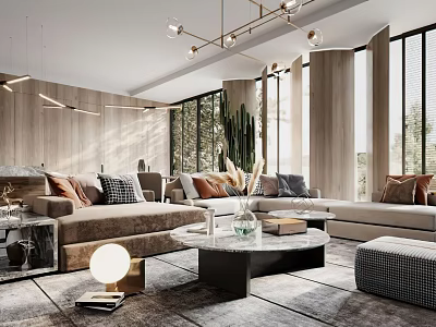Modern Living Room Interior Design With Wooden Walls Large Windows Chandelier Sofa Pillows And Cactus 3d model