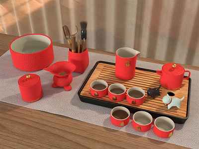 Red Ceramic Tea Set With Teacups Teapot Bamboo Tray Storage Jar And Teaspoons 3d model