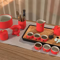 Red Ceramic Tea Set With Teacups Teapot Bamboo Tray Storage Jar And Teaspoons