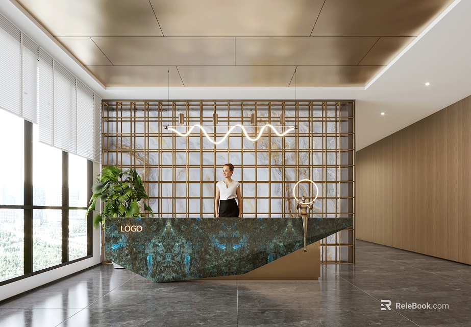 Modern Office Reception Area With Receptionist Green Marble Counter Lattice Backdrop And Potted Plant 3d model 