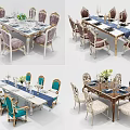 Elegant Dining Table Set With Turquoise Gold Fabric Chairs Wooden Table And Runners