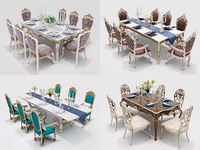 Elegant Dining Table Set With Turquoise Gold Fabric Chairs Wooden Table And Runners 3d model