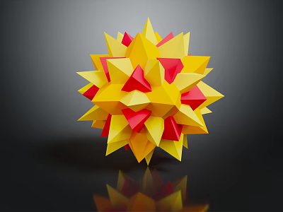 Cartoon Scene With Yellow Red Triangles And Glossy Polyhedron Sphere On Dark Background 3d model