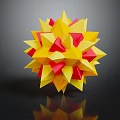 Cartoon Scene With Yellow Red Triangles And Glossy Polyhedron Sphere On Dark Background