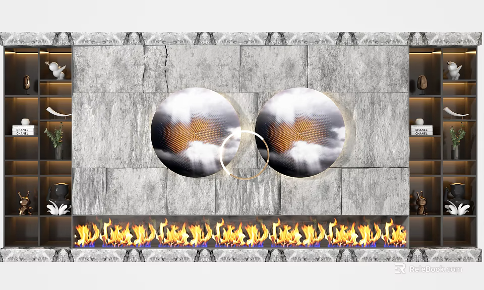 Elegant Sofa Background Wall with Gray Stone Circular Paintings and Golden Ring Decor 3d model 