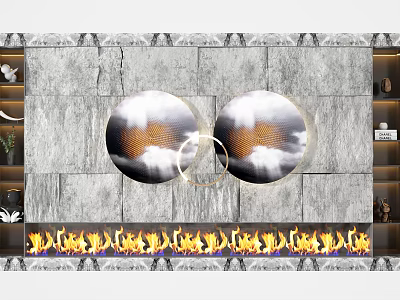 Elegant Sofa Background Wall with Gray Stone Circular Paintings and Golden Ring Decor 3d model