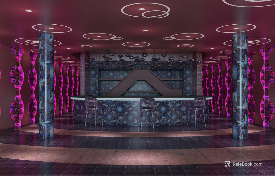 Stylish Bar Interior Design With Purple Lighting Columns Bar Counter And Stools 3d model