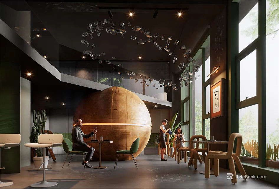 Modern Bar Interior With Spherical Installation Wine Glass Chandeliers Green Plants And Large Windows 3d model 