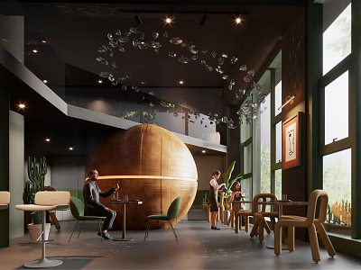 Modern Bar Interior With Spherical Installation Wine Glass Chandeliers Green Plants And Large Windows 3d model