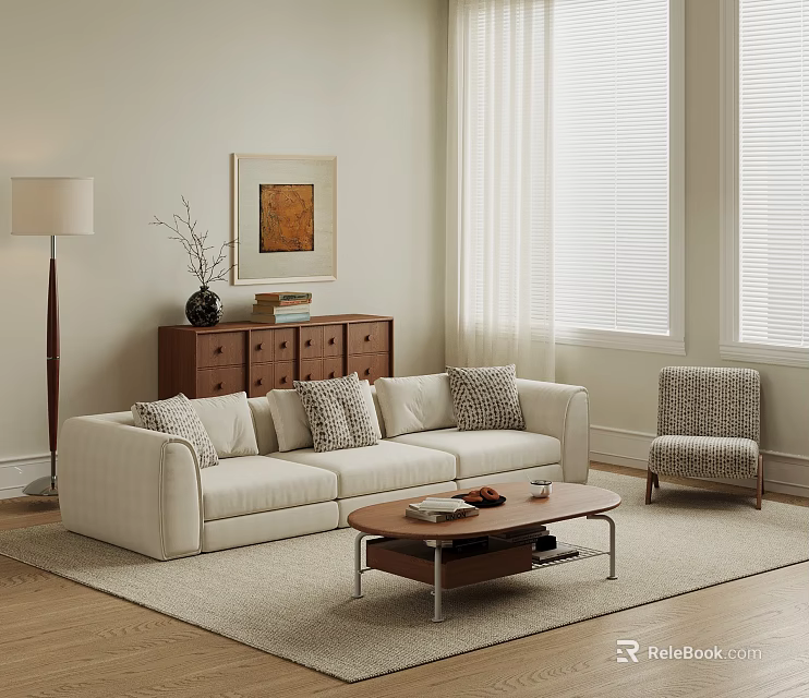 White Sofa With Pillows And Wooden Coffee Table In Modern Living Room With Floor Lamp 3d model 