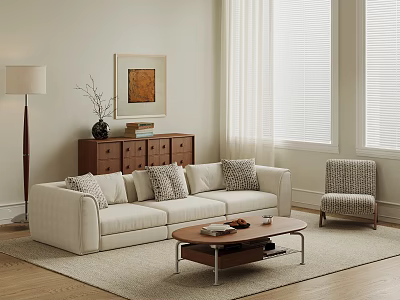 White Sofa With Pillows And Wooden Coffee Table In Modern Living Room With Floor Lamp 3d model