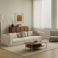 White Sofa With Pillows And Wooden Coffee Table In Modern Living Room With Floor Lamp