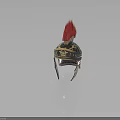 Ancient Ornamental Helmet with Red Plume Golden Decorations and Blue Accents