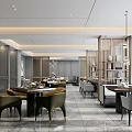 Elegant Modern Restaurant Interior With Wooden Dining Tables Leather Chairs Hanging Lamps And Marble Floor
