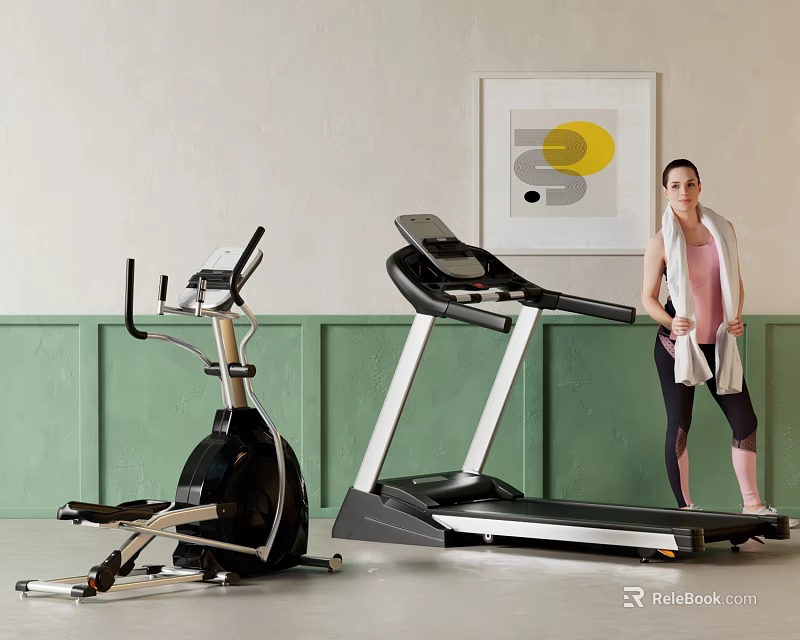Modern Indoor Sports Equipment Including Elliptical Trainer Treadmill And Woman Holding Towel Near Abstract Painting 3d model 