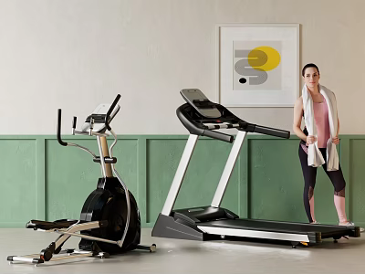 Modern Indoor Sports Equipment Including Elliptical Trainer Treadmill And Woman Holding Towel Near Abstract Painting 3d model