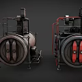 Rustic Industrial Metal Tanks With Red Valves Piping Systems And Protective Grilles