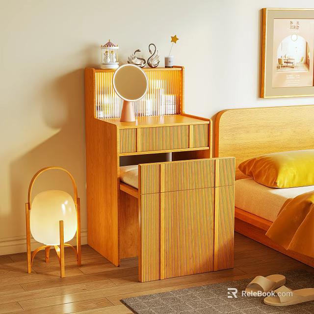Wooden Dressing Table with Round Mirror and Drawers in Bedroom Beside Bed with Yellow Pillow 3d model 