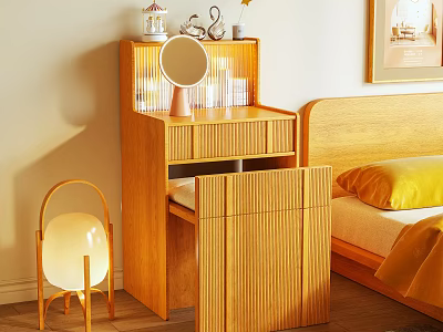 Wooden Dressing Table with Round Mirror and Drawers in Bedroom Beside Bed with Yellow Pillow 3d model
