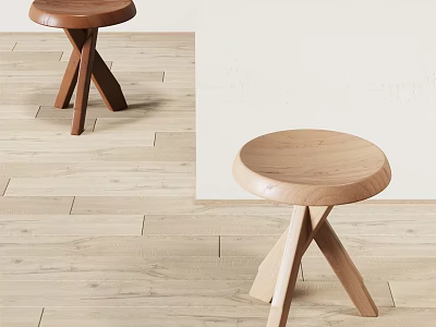 Modern Wooden Stool With Round Seat And X Shaped Legs For Home Decor 3d model