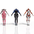 Three Female Futuristic Mech Characters In Pink Black And Orange Armor Standing Pose Design