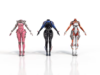 Three Female Futuristic Mech Characters In Pink Black And Orange Armor Standing Pose Design 3d model