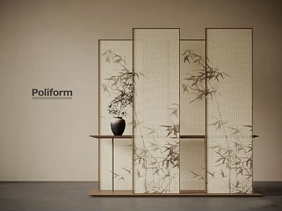 Japanese Style Bamboo Pattern Room Divider With Fabric Panels Wooden Frame And Decorative Vase Plant 3d model