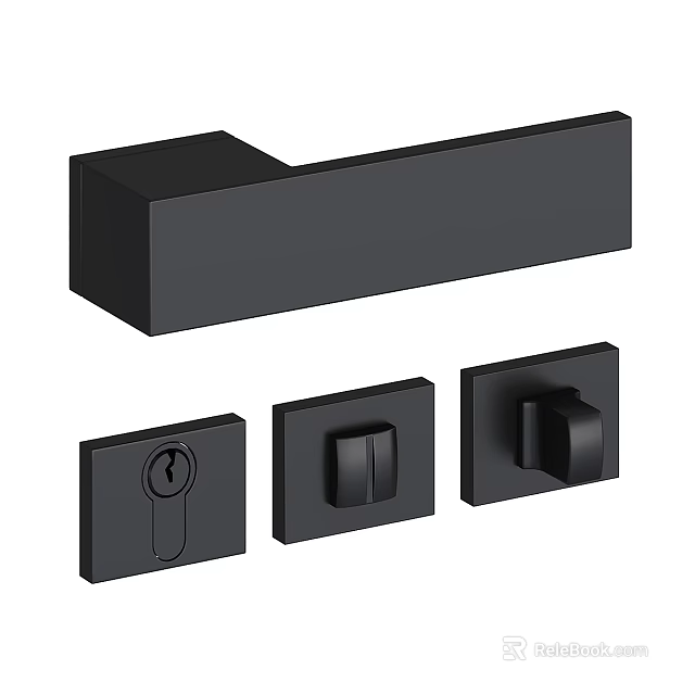 Modern Black Door Handle Set with Lock Cylinder Knob and Plates 3d model 
