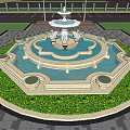 Ornate Circular Fountain With Purple Flower Beds Paved Surroundings And Greenery