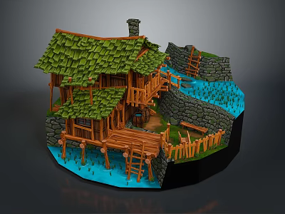 Cartoon Scene with Wooden House Green Roof Stone Wall Water Area and Wooden Bridge 3d model