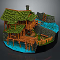Cartoon Scene with Wooden House Green Roof Stone Wall Water Area and Wooden Bridge
