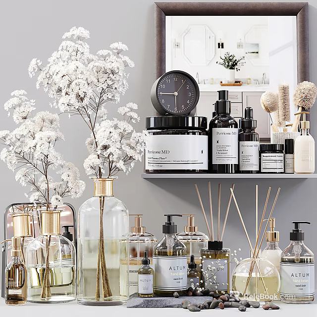 Stylish Modern Bathroom Accessories with Aromatherapy Bottles and Decorative Plants on Shelf 3d model 