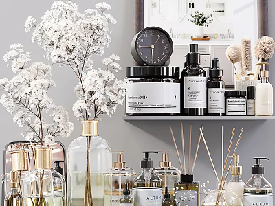 Stylish Modern Bathroom Accessories with Aromatherapy Bottles and Decorative Plants on Shelf 3d model