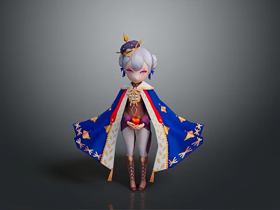 Cute Game And Movie Character With White Hair Golden Crown Blue Gold Cape Red Accents 3d model