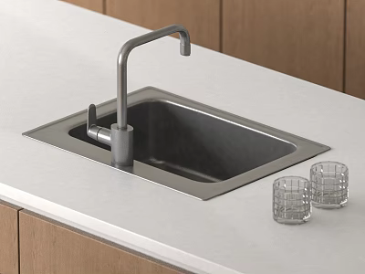 Modern Kitchen Sink Area With Stainless Steel Faucet White Countertop Glass Cups And Wooden Cabinets 3d model