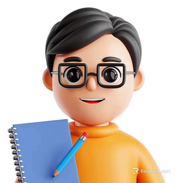 Cartoon Game Character With Black Hair Glasses And Orange Turtleneck Holding Blue Notebook And Pencil 3d model 