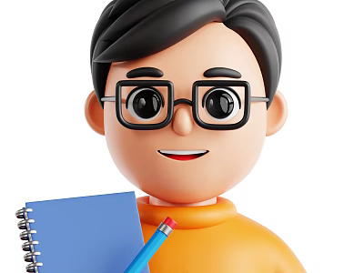 Cartoon Game Character With Black Hair Glasses And Orange Turtleneck Holding Blue Notebook And Pencil 3d model