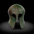 Ancient Greek Bronze Helmet With Patina Finish And Face Guard Design