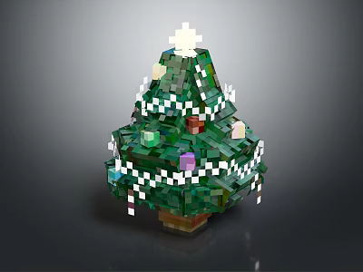 Pixel Style Green Christmas Tree With Star On Top Colorful Ornaments White String Lights And Base 3d model