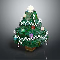 Pixel Style Green Christmas Tree With Star On Top Colorful Ornaments White String Lights And Base