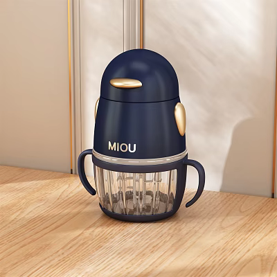 MIOU Blue Kitchen Food Processor With Transparent Base On Wooden Countertop 3d model