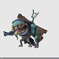 Cartoon Blue Monster Creature Carrying Wooden Plank With Exaggerated Teeth And Sticking Tongue