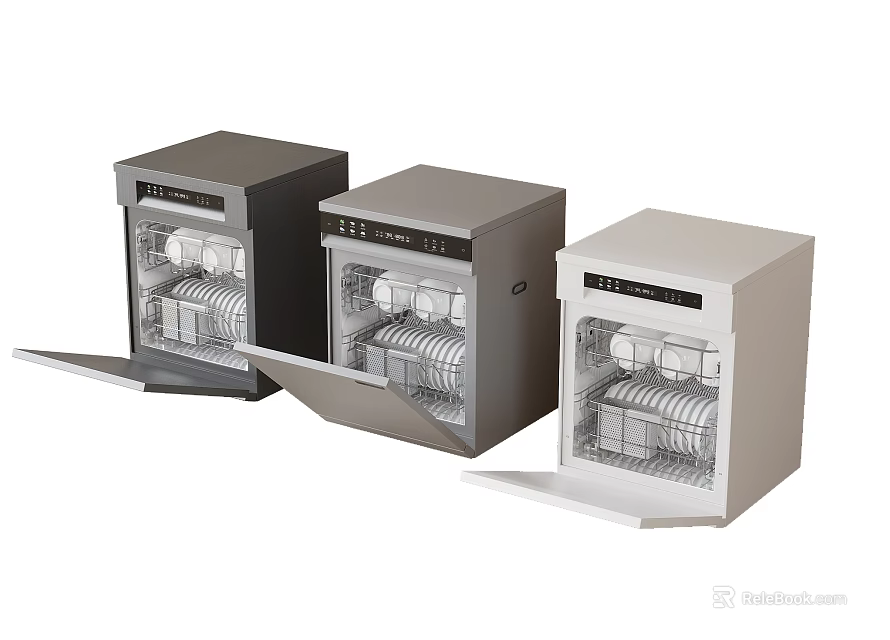 Three Modern Dishwashers In Different Colors With Open Doors And Interior Racks As Kitchen Appliances 3d model 
