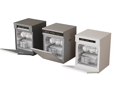 Three Modern Dishwashers In Different Colors With Open Doors And Interior Racks As Kitchen Appliances 3d model