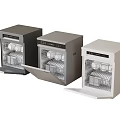 Three Modern Dishwashers In Different Colors With Open Doors And Interior Racks As Kitchen Appliances