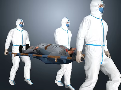 Team Of Medical Staff In Protective Suits Carrying Patient On Stretcher 3d model