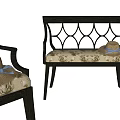 Leisure Chair With Diamond Pattern Backrest Floral Fabric Cushion And Straw Hat With Blue Bow