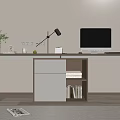 Modern Wooden Desk with White Drawers Black Desk Lamp Computer Monitor Green Plant and Books