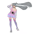 Woman With Long Blue Hair Wearing Pink Top Heart Design And Colorful Striped Skirt Posing