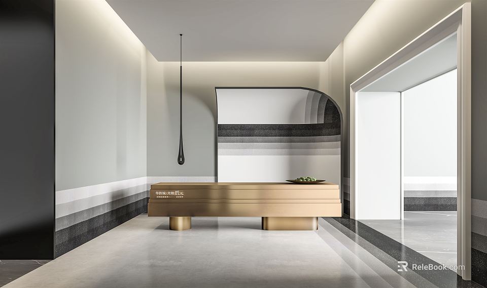 Modern Front Desk Reception Area With Golden Counter Gray Walls And Minimalist Pendant Light Design 3d model 
